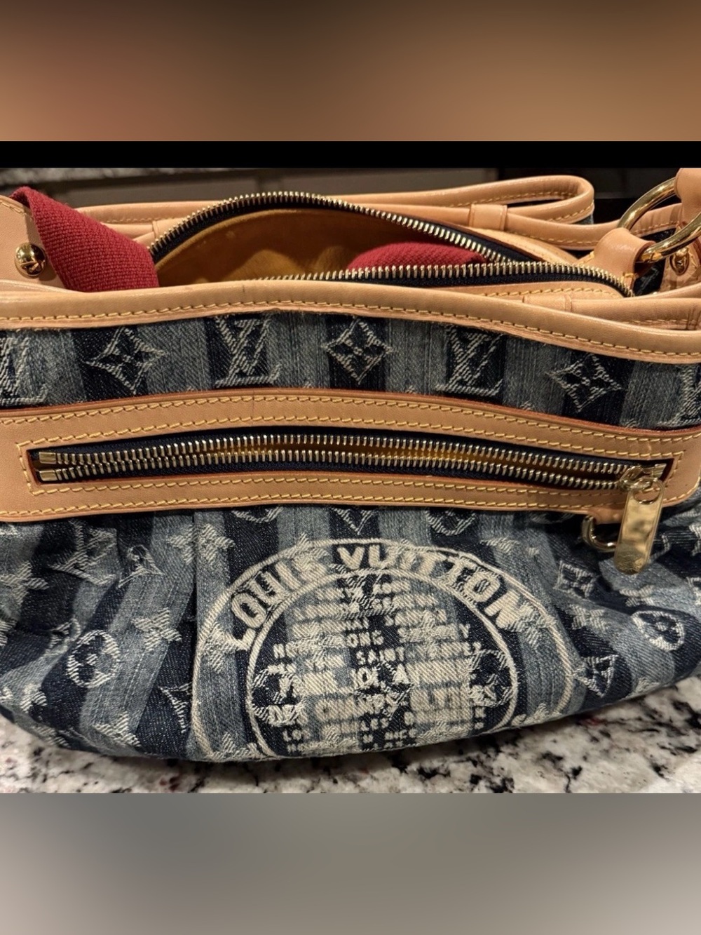 Louis Vuitton Monogram Denim Shoulder Bag Red Strap Gold Hardware